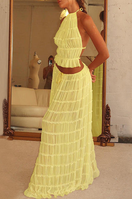 2pcs  Sleeveless Backless Cropped Halter Top And Pleated Long Skirt