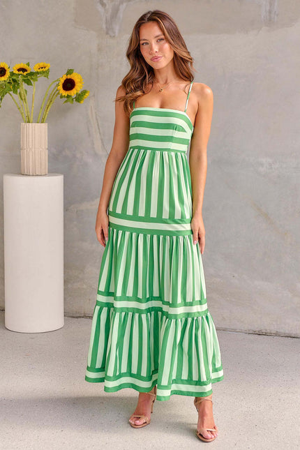 Striped Suspend Long Dress With Pockets