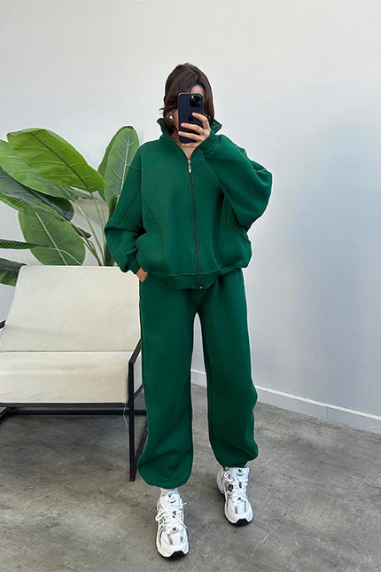 Jogger Set With Pockets Stand-up Collar Zipper Cardigan And Drawstring