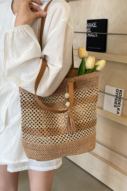 Stripe Straw Sholder Bags With Tassel Pendant Large Capacity