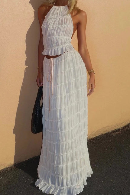 2pcs  Sleeveless Backless Cropped Halter Top And Pleated Long Skirt