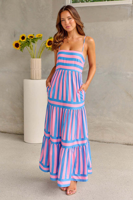 Striped Suspend Long Dress With Pockets