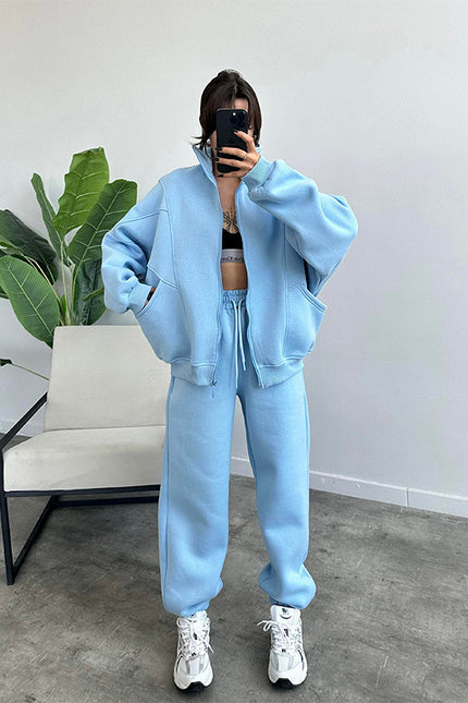 Jogger Set With Pockets Stand-up Collar Zipper Cardigan And Drawstring