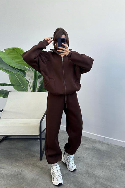 Jogger Set With Pockets Stand-up Collar Zipper Cardigan And Drawstring