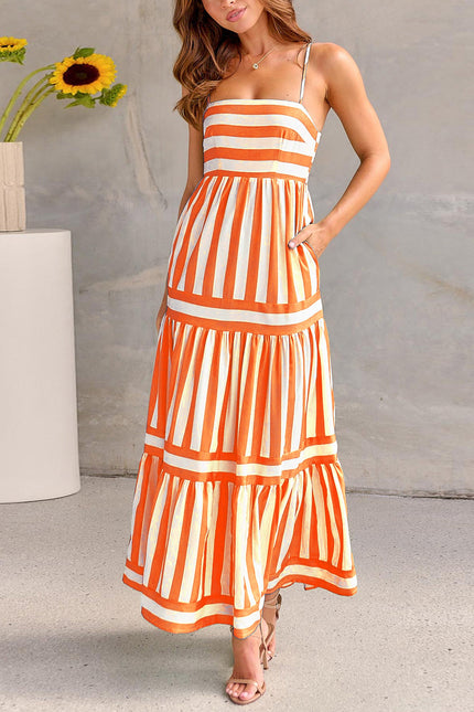 Striped Suspend Long Dress With Pockets