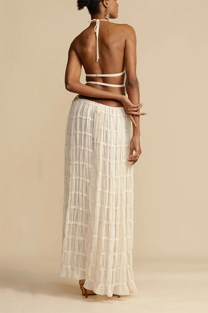 2pcs  Sleeveless Backless Cropped Halter Top And Pleated Long Skirt