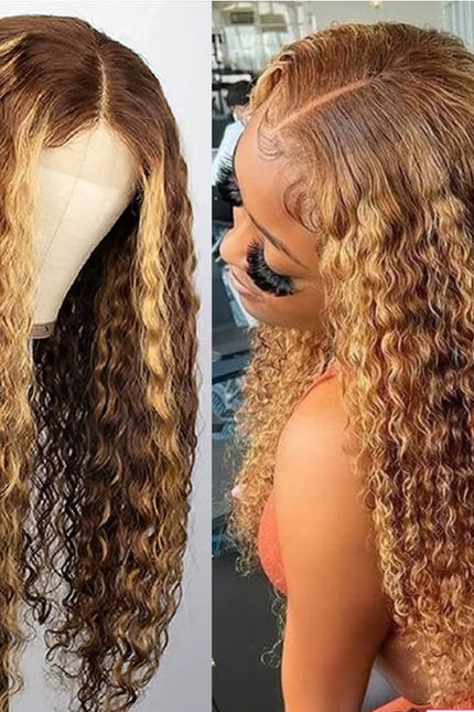 13x4 Highlight Curly Lace Front Wig – Honey Blonde Deep Wave Human Hair Wig