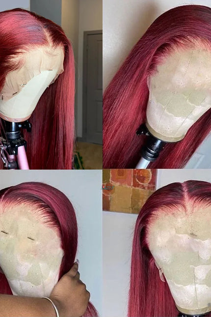 Premium 99J Burgundy Human Hair Wig – 13x6 HD Lace Frontal, Red Peruvian Straight Wig