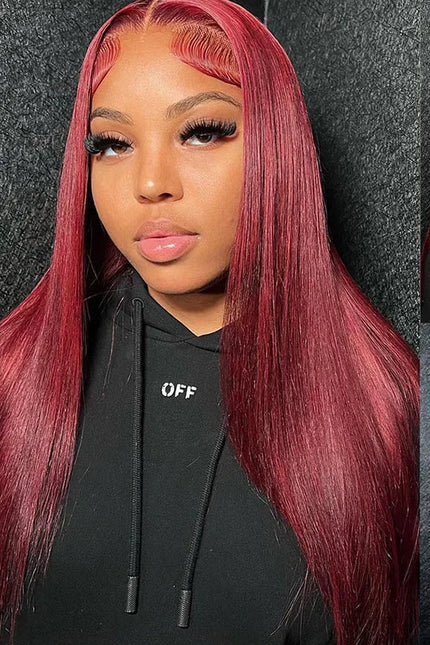 Premium 99J Burgundy Human Hair Wig – 13x6 HD Lace Frontal, Red Peruvian Straight Wig