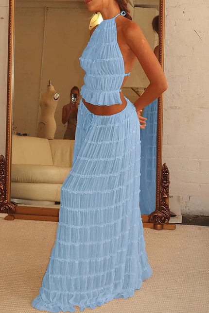 2pcs  Sleeveless Backless Cropped Halter Top And Pleated Long Skirt