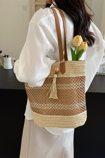 Stripe Straw Sholder Bags With Tassel Pendant Large Capacity