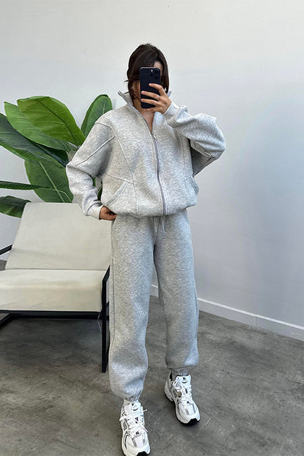 Jogger Set With Pockets Stand-up Collar Zipper Cardigan And Drawstring