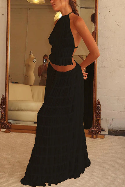 2pcs  Sleeveless Backless Cropped Halter Top And Pleated Long Skirt