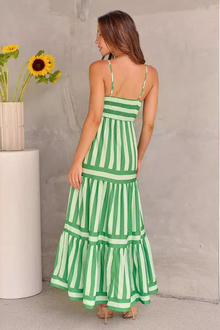 Striped Suspend Long Dress With Pockets