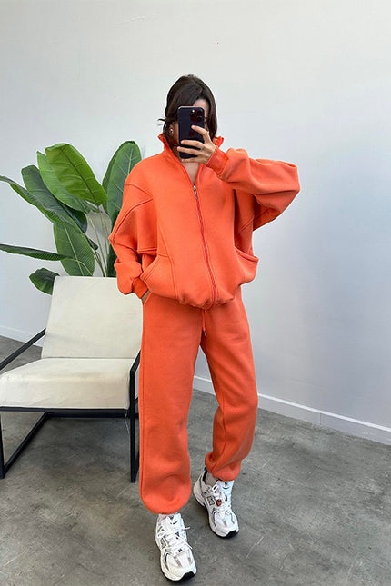 Jogger Set With Pockets Stand-up Collar Zipper Cardigan And Drawstring
