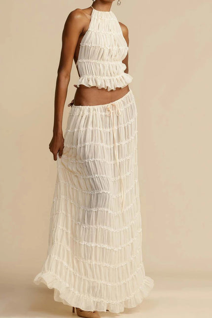 2pcs  Sleeveless Backless Cropped Halter Top And Pleated Long Skirt