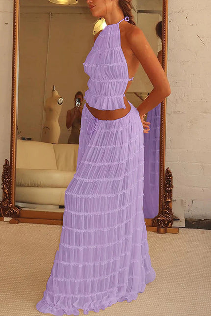 2pcs  Sleeveless Backless Cropped Halter Top And Pleated Long Skirt
