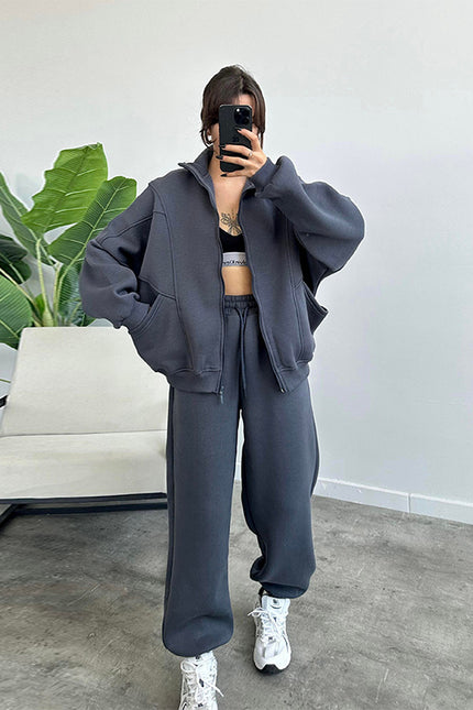 Jogger Set With Pockets Stand-up Collar Zipper Cardigan And Drawstring