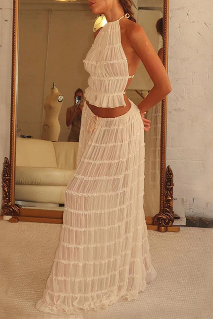 2pcs  Sleeveless Backless Cropped Halter Top And Pleated Long Skirt