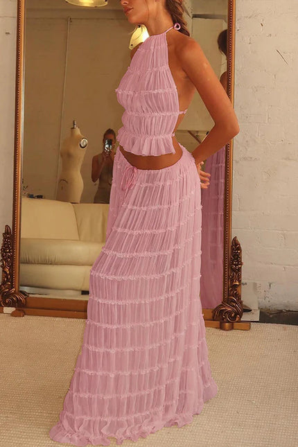 2pcs  Sleeveless Backless Cropped Halter Top And Pleated Long Skirt