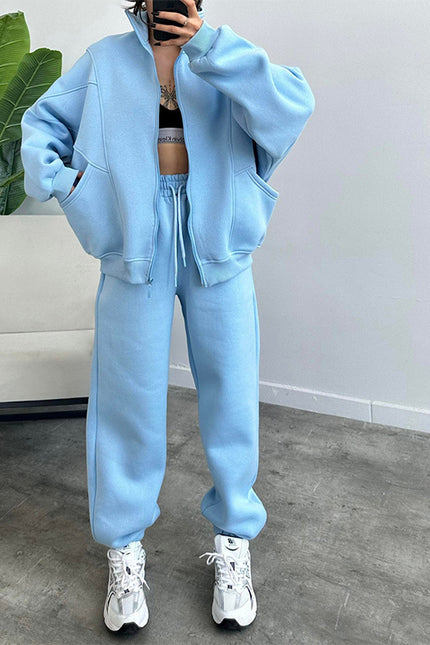 Jogger Set With Pockets Stand-up Collar Zipper Cardigan And Drawstring