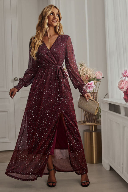 Elegant V Neck Long Sleeve Waist Midi Dress