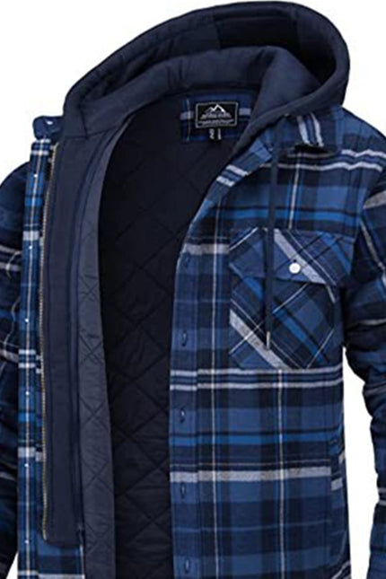 Men's Plaid Hooded Warm Button Zip-up Jacket