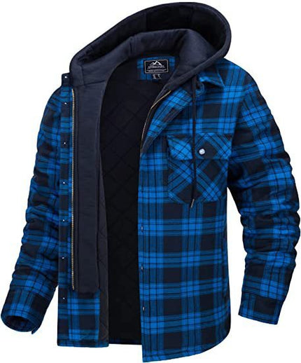Men's Plaid Hooded Warm Button Zip-up Jacket