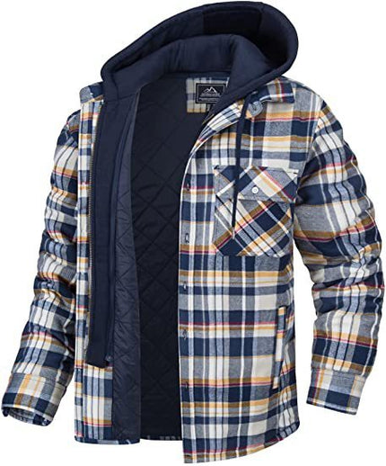 Men's Plaid Hooded Warm Button Zip-up Jacket