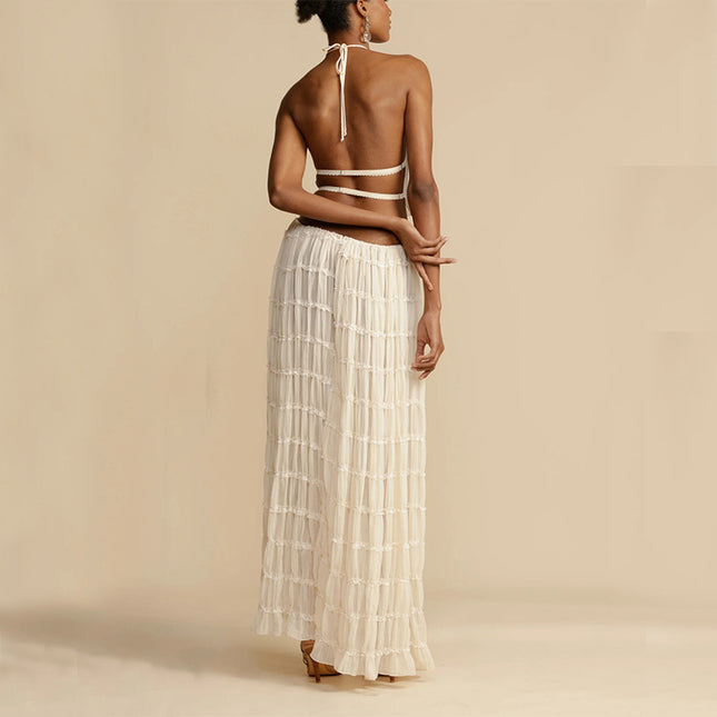 2pcs  Sleeveless Backless Cropped Halter Top And Pleated Long Skirt