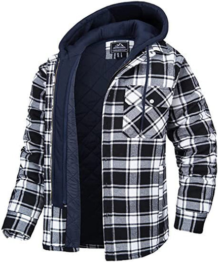 Men's Plaid Hooded Warm Button Zip-up Jacket