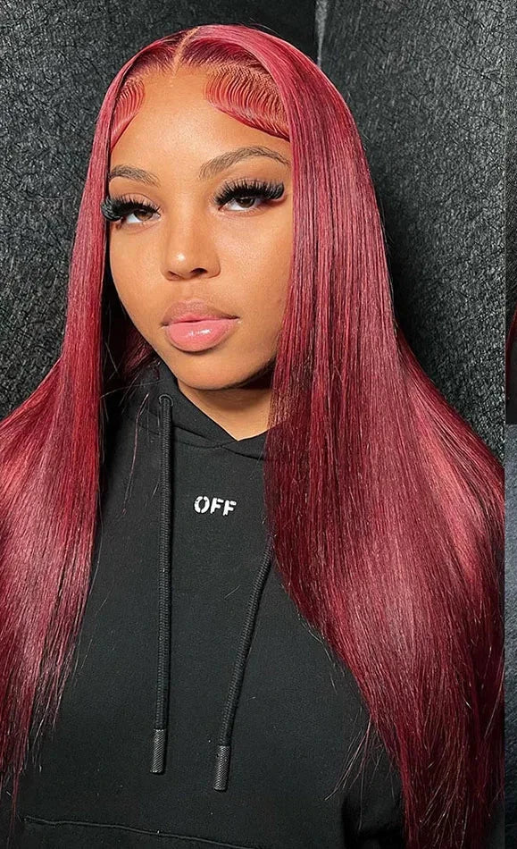 Premium 99J Burgundy Human Hair Wig – 13x6 HD Lace Frontal, Red Peruvian Straight Wig
