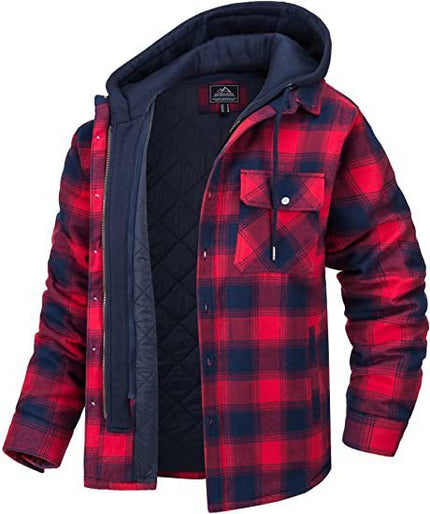 Men's Plaid Hooded Warm Button Zip-up Jacket