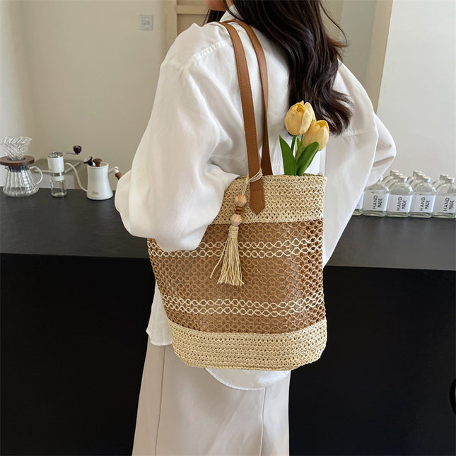 Stripe Straw Sholder Bags With Tassel Pendant Large Capacity