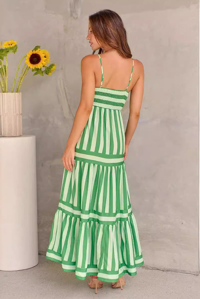 Striped Suspend Long Dress With Pockets