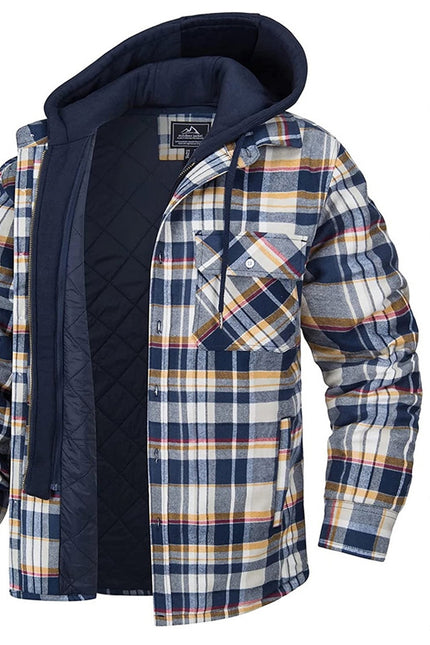 Men's Plaid Hooded Warm Button Zip-up Jacket