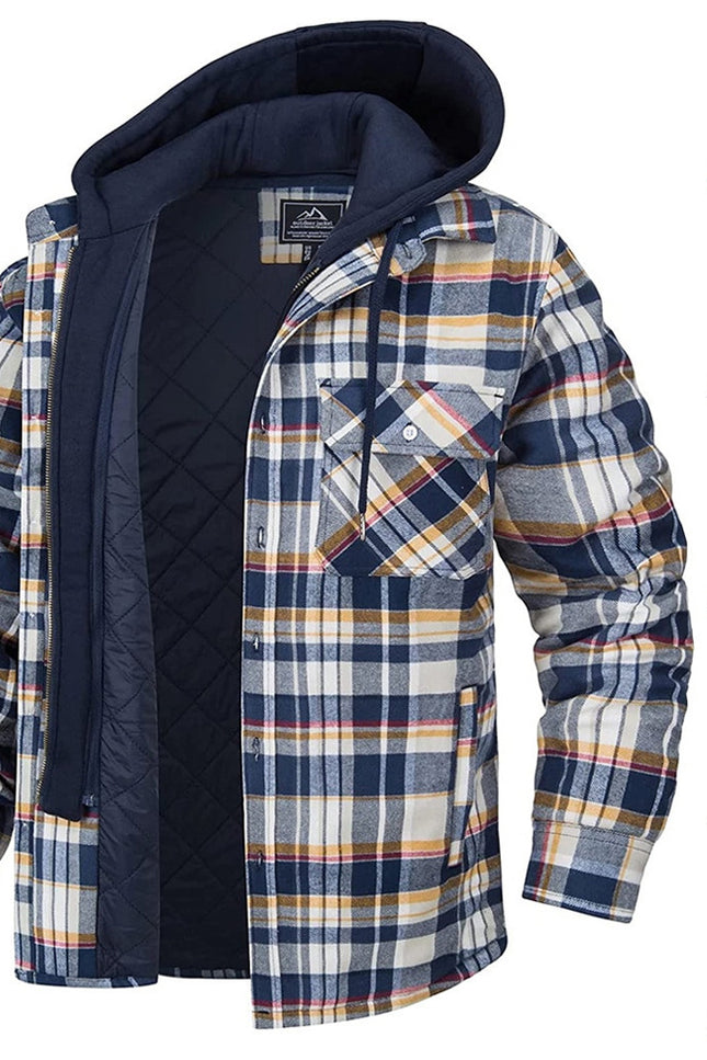 Men's Plaid Hooded Warm Button Zip-up Jacket
