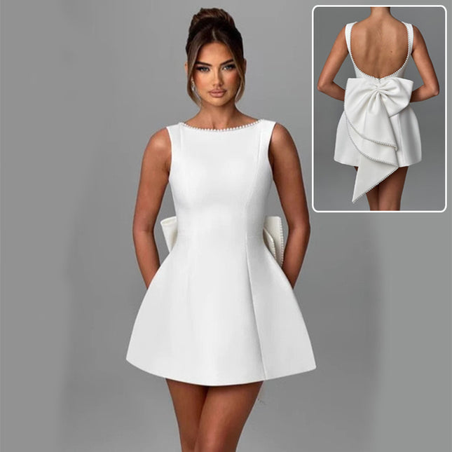 Big-Bowed Pearls Backless Lux Dress
