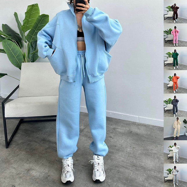 Jogger Set With Pockets Stand-up Collar Zipper Cardigan And Drawstring
