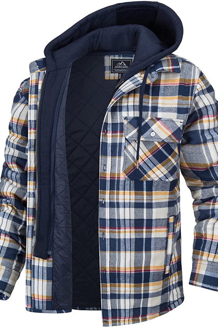 Men's Plaid Hooded Warm Button Zip-up Jacket