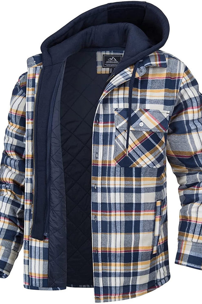 Men's Plaid Hooded Warm Button Zip-up Jacket